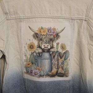 Miss Me Light Blue Denim Jacket..REPURPOSED NEW ADORABLE Cow. Boots Embellished